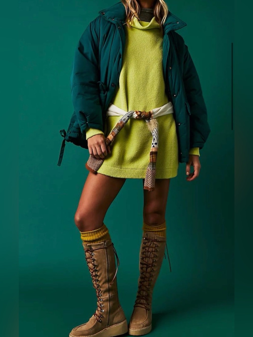 Free People Ottoman Slouchy Cotton Blend Knit Tunic Sweater/Dress Lime Green S